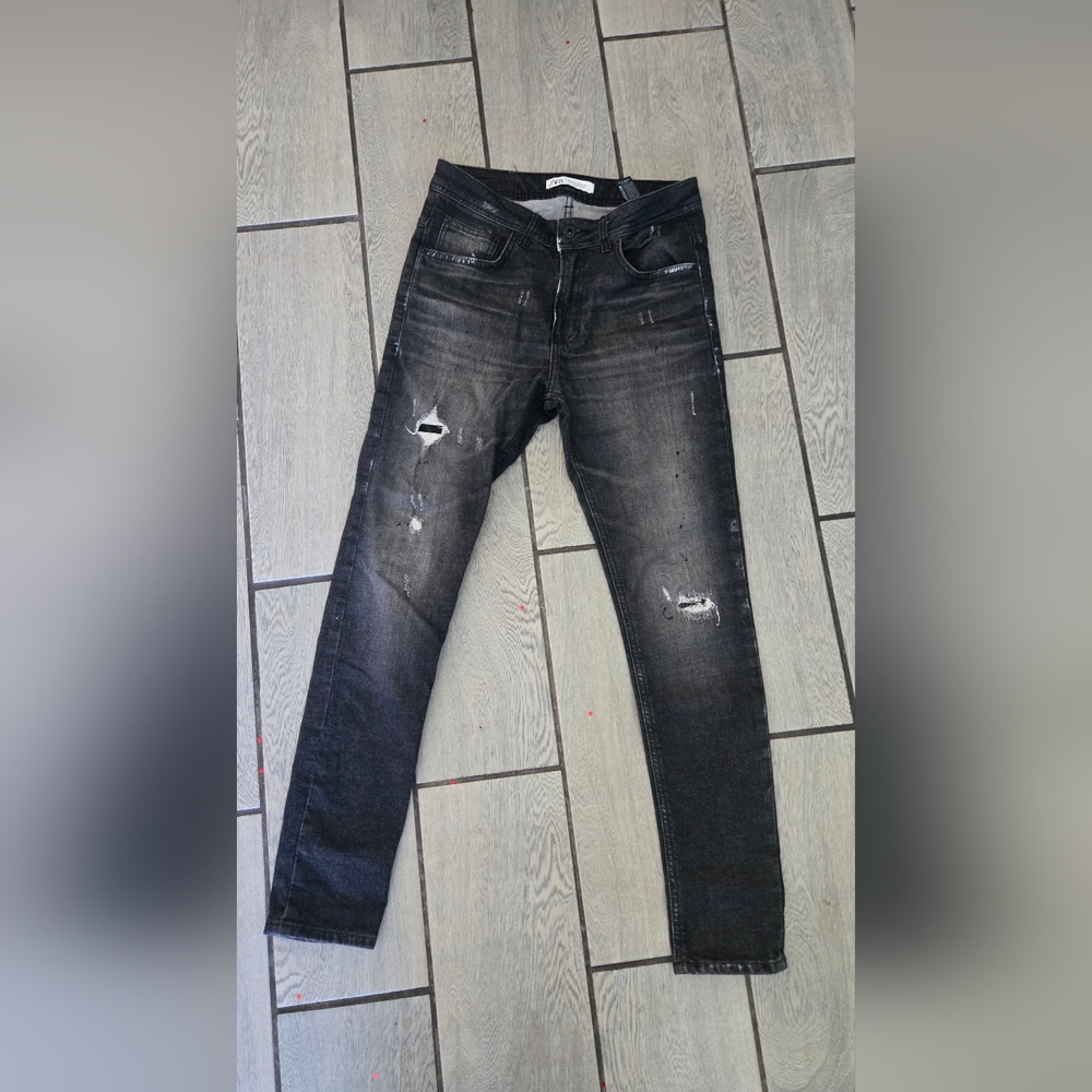 Zara Man Skinny Distressed Ripped Paint Splatter Jeans Black USA 30